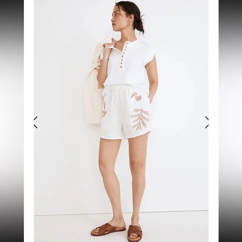 Madewell 100% linen shorts elastic waist size XL embroidered detail beach vibes